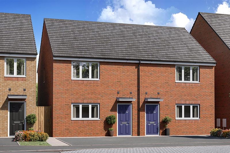 A CGI of front view of a modern semi-detached brick house with two purple front doors.