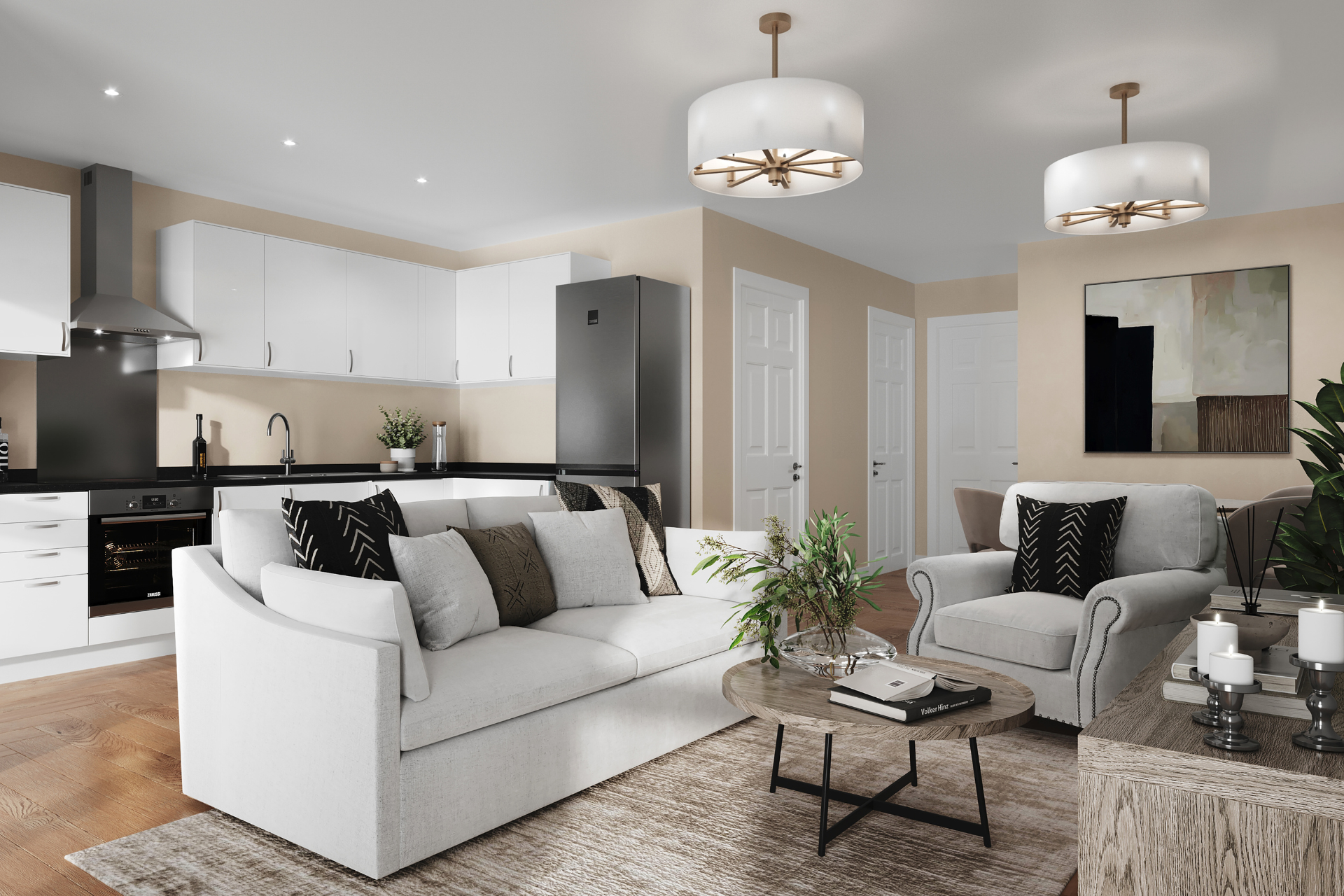 A lounge and kitchen open space in a modern home